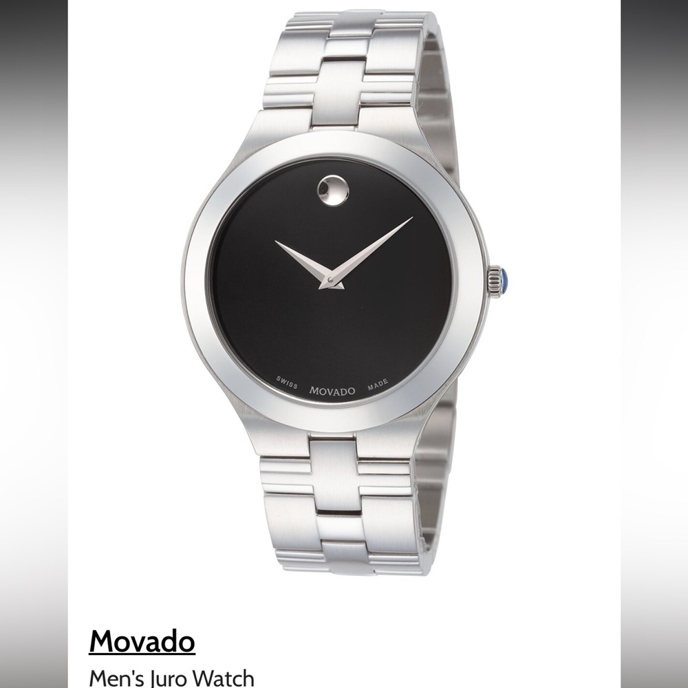 NWT MOVADO JURO BLACK DIAL SILVER STAINLESS STEEL WATCH